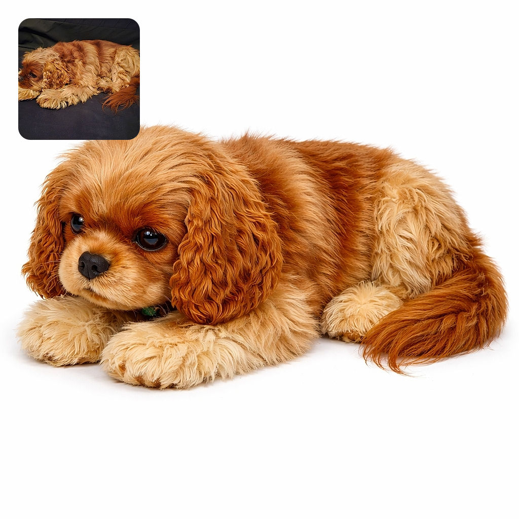 A fluffy, caramel-colored dog is curled up and resting on a dark fabric surface, looking cozy and contemplative with its head resting on its paws.
