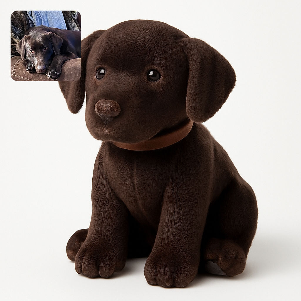 A soulful chocolate labrador lounges on a cozy brown couch, resting its head on its paws with a look that says, 'Are you gonna pet me or what?' The background shows a soft, folded blanket adding to the snug vibe.