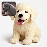 A fluffy white puppy with its tongue out sits indoors on a tiled floor near a shiny metal object, looking relaxed but the photo is somewhat blurry and dimly lit.