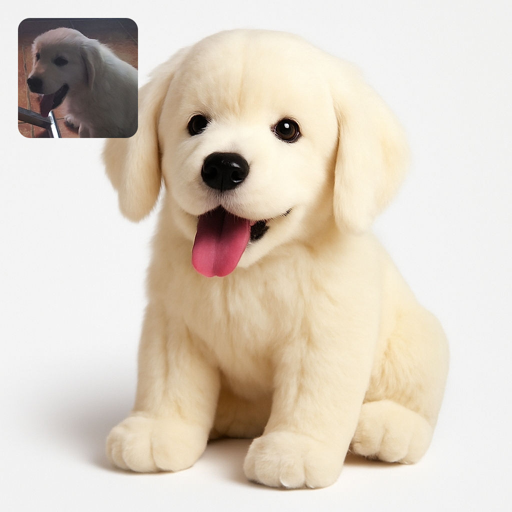 A fluffy white puppy with its tongue out sits indoors on a tiled floor near a shiny metal object, looking relaxed but the photo is somewhat blurry and dimly lit.