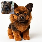 A fluffy, alert dog with rich brown and black fur lounges comfortably on a soft bed, giving a calm and thoughtful gaze as if pondering life's mysteries or planning its next playful adventure.