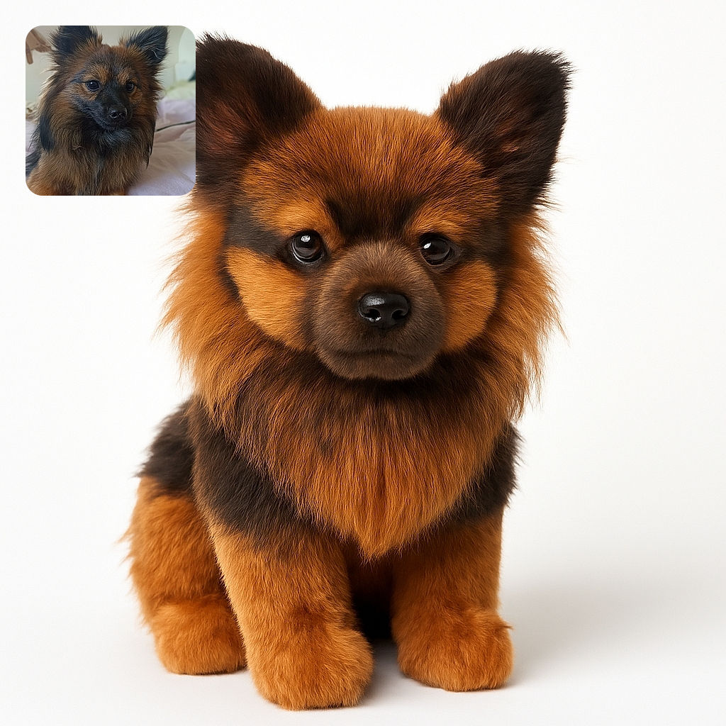 A fluffy, alert dog with rich brown and black fur lounges comfortably on a soft bed, giving a calm and thoughtful gaze as if pondering life's mysteries or planning its next playful adventure.
