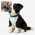 A black and white dog is stretched out comfortably on a blue bedspread, looking back towards the camera with a curious expression. The room is cozy with a few decorative items and a laundry basket in the foreground.