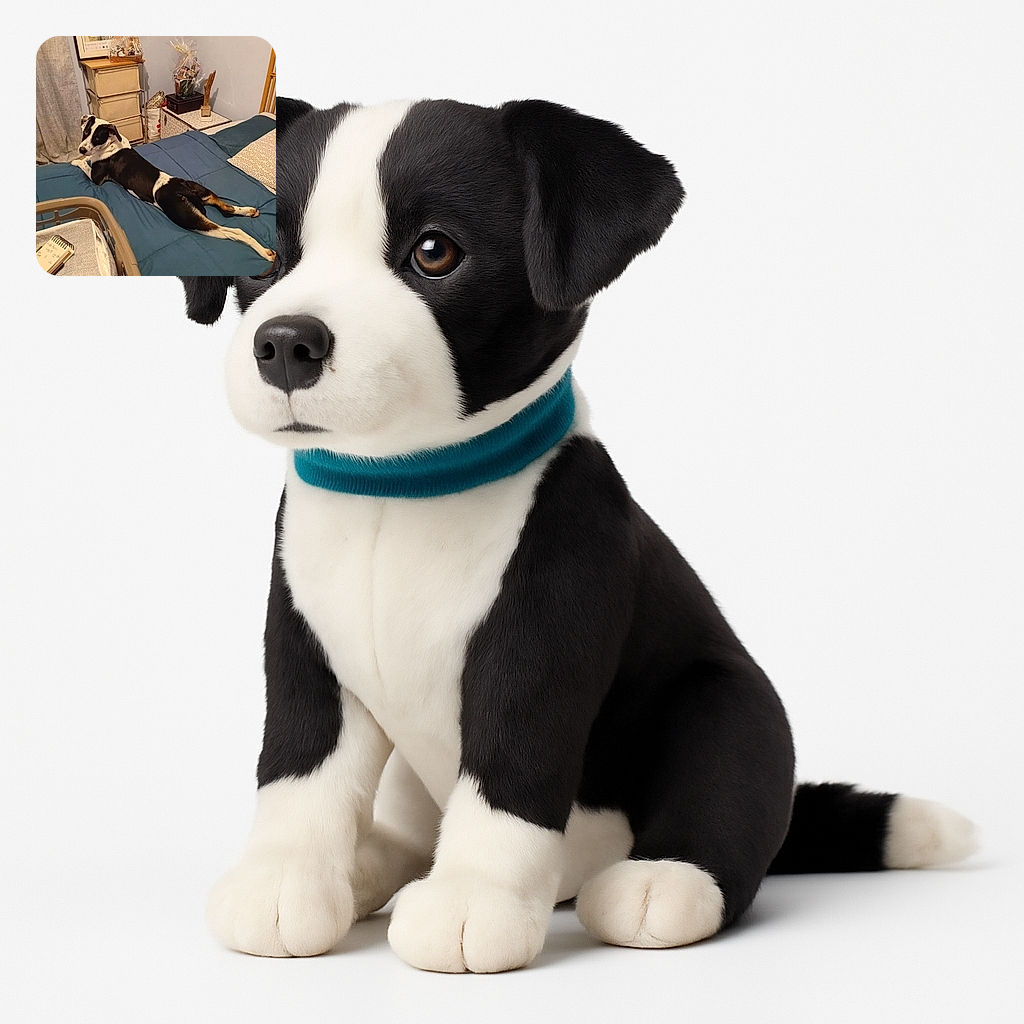 A black and white dog is stretched out comfortably on a blue bedspread, looking back towards the camera with a curious expression. The room is cozy with a few decorative items and a laundry basket in the foreground.