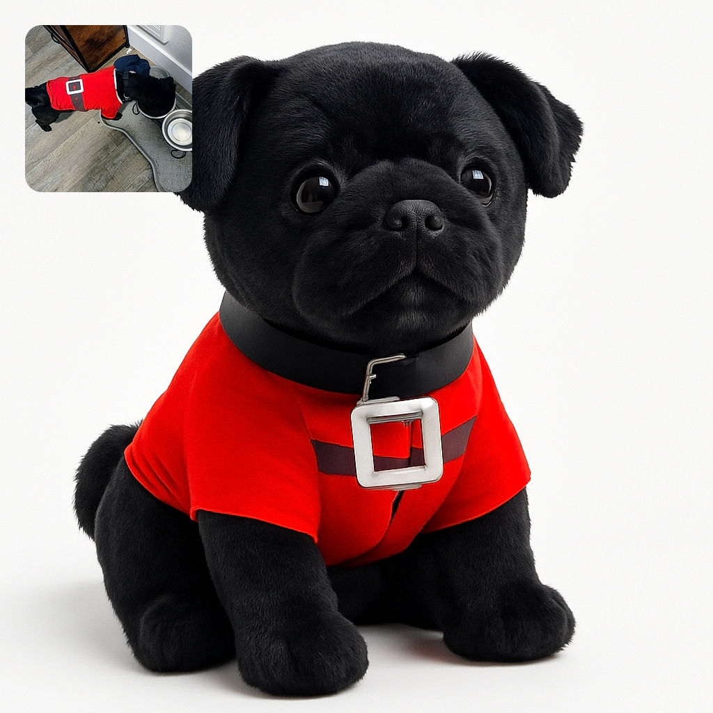 A small black dog dressed in a festive red sweater with a belt design is enthusiastically eating from a bowl on a paw and bone patterned mat, set on a wooden floor near a white wall vent and a wooden cabinet.