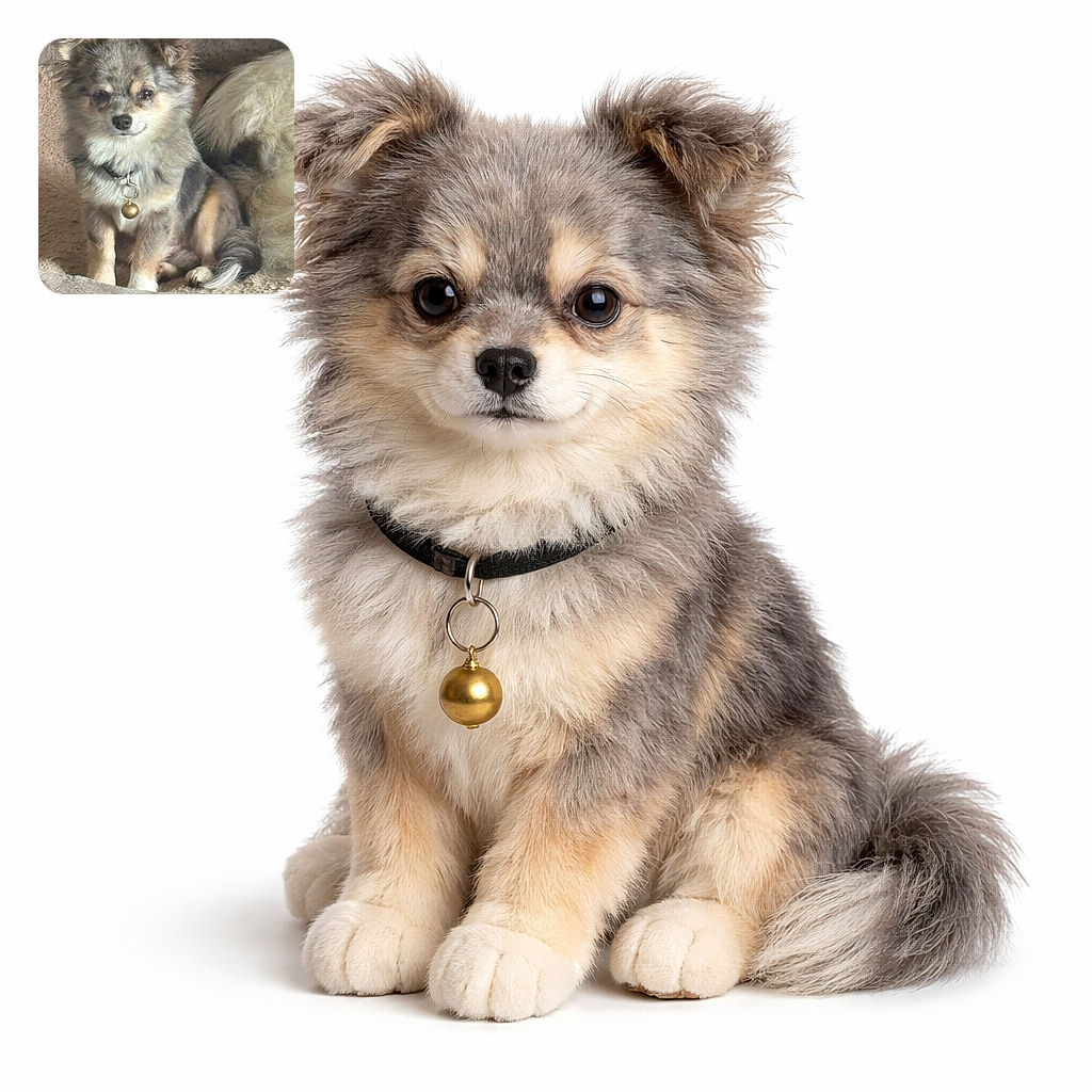 A tiny, fluffy dog lounges like royalty on a soft blanket, sporting a jingly bell on its collar and a delightfully smug expression. Soft, neutral tones and cozy lighting give the shot a warm, painterly vibe — this pup clearly knows it's adorable and is demanding applause (or treats).