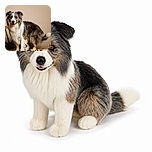 A fluffy, cheerful dog sits proudly on a cow-print blanket, looking like it has just been promoted to ranch manager. Its magnificent fur, bright eyes, and confident smile steal the whole studio-style scene.