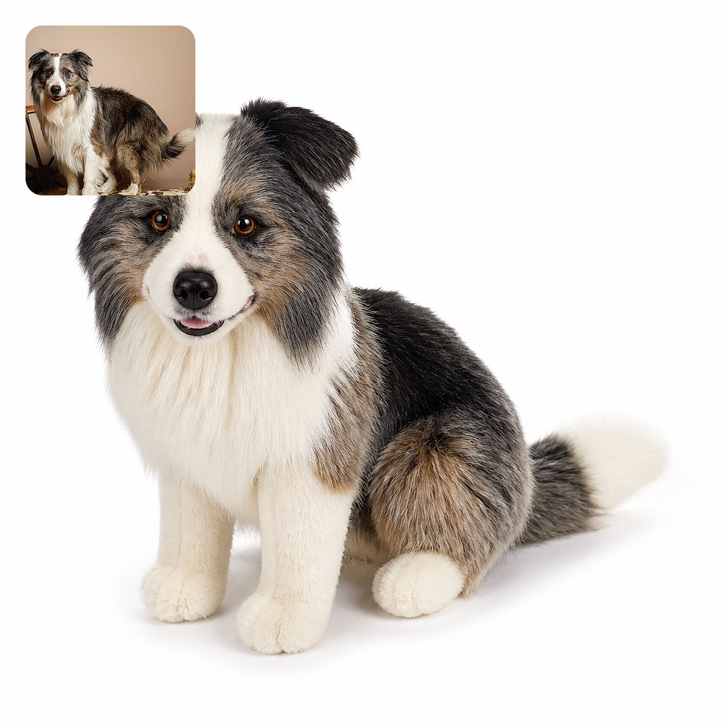 A fluffy, cheerful dog sits proudly on a cow-print blanket, looking like it has just been promoted to ranch manager. Its magnificent fur, bright eyes, and confident smile steal the whole studio-style scene.