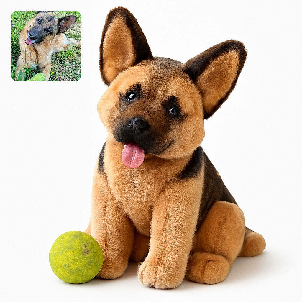 A playful German Shepherd dog lies on the grass with its head tilted adorably, tongue out, and a well-used tennis ball between its paws, surrounded by lush greenery and a tree line in the background.