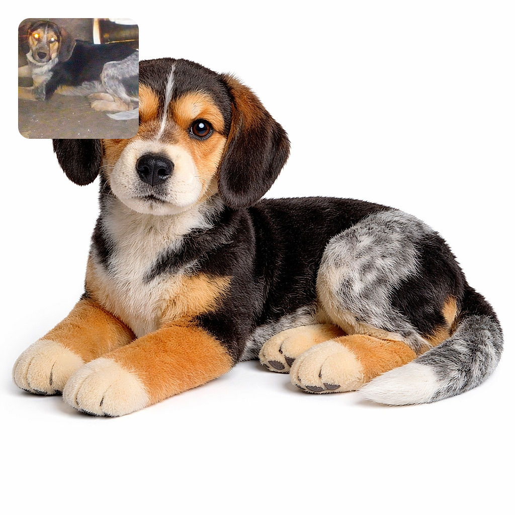 A grainy vintage snap of a relaxed dog sprawled on the floor, eyes glowing like tiny disco lights — part-hound, part-mystery, tail curled and posing like it owns the carpet.