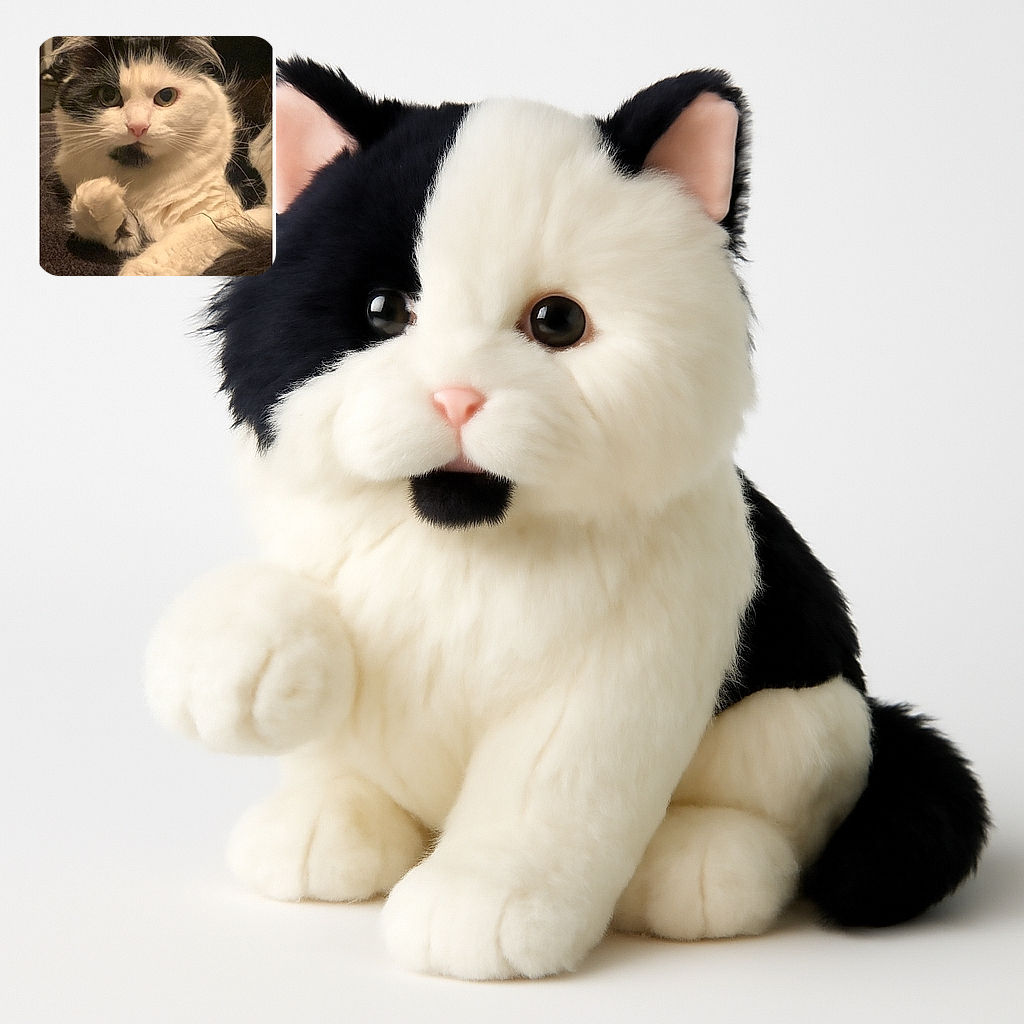 A fluffy white and black cat lounges comfortably, staring intently at the camera with wide eyes and a slightly raised paw, as if ready to pounce or wave hello.