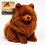 A fluffy brown dog lounges lazily on a patch of dirt with some scattered greenery, soaking up the sun with a relaxed and slightly sleepy expression.