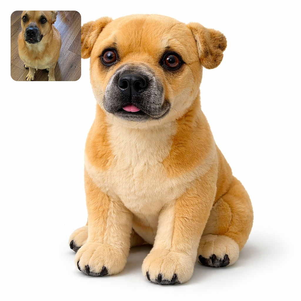 A chunky, lovable dog sits on a wooden floor giving you the ultimate 'please treat me' stare — slightly underbite, big soulful eyes, and paws neatly tucked like a polite pupper at dinner time.