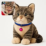 A curious tabby cat with a pink bell collar lounges comfortably in a red and white plush bed, with a festive holiday backdrop featuring colorful ornaments and a Puerto Rican flag-themed decoration, creating a cozy and cheerful holiday vibe.