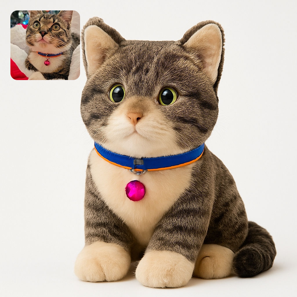 A curious tabby cat with a pink bell collar lounges comfortably in a red and white plush bed, with a festive holiday backdrop featuring colorful ornaments and a Puerto Rican flag-themed decoration, creating a cozy and cheerful holiday vibe.