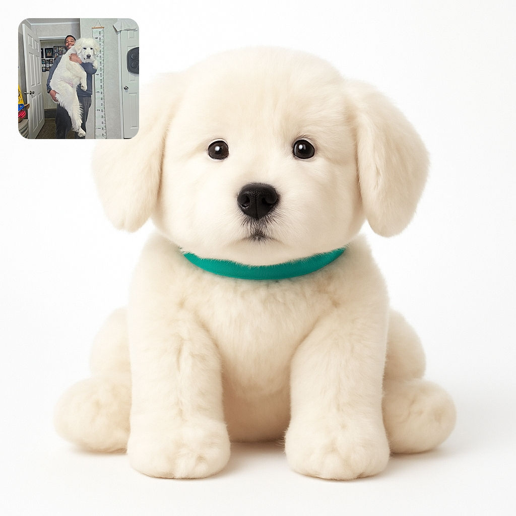 A joyful man is holding a large fluffy white dog indoors, standing next to a height measurement chart on the wall. The dog looks calm and slightly sleepy, while the man beams with a big smile. The room has a cozy vibe with family photos on the wall and everyday household items around.