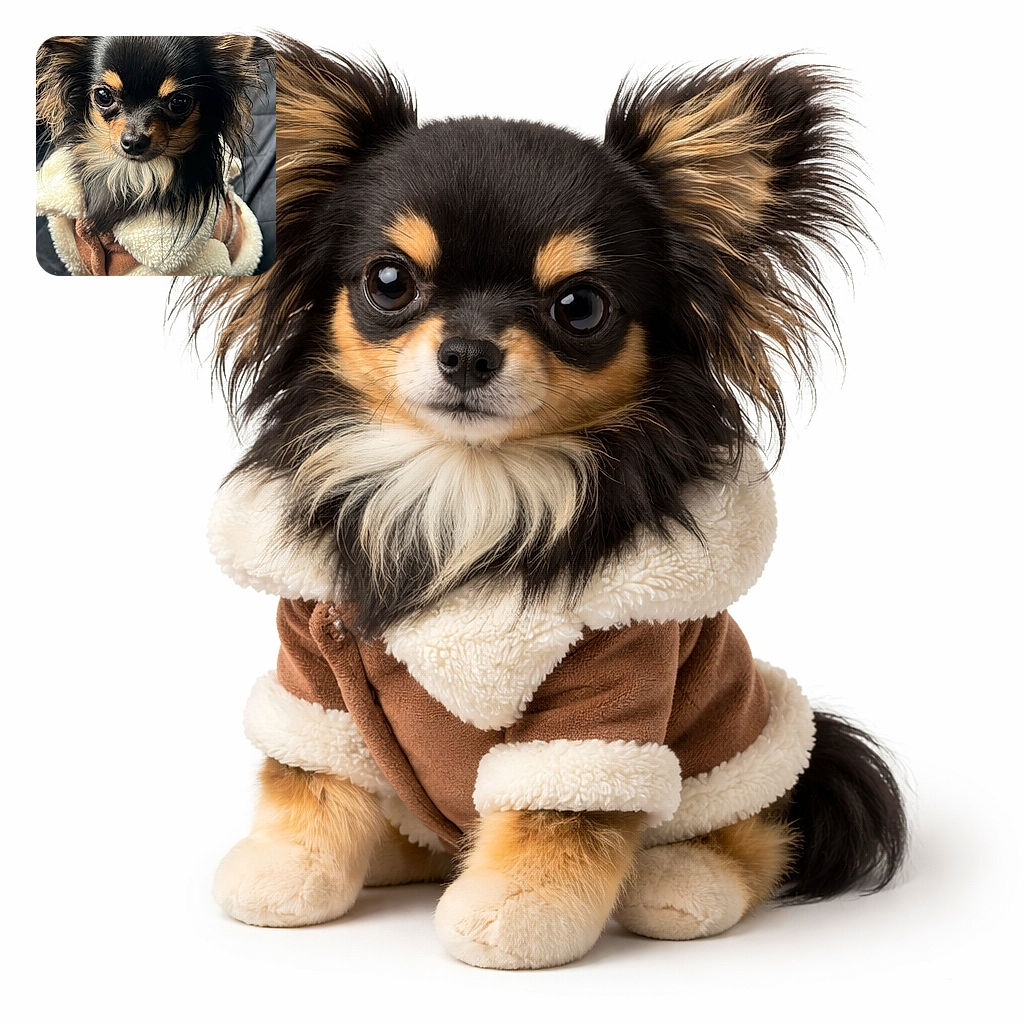 A tiny long-haired chihuahua stares into the camera like a suspicious fur CEO, bundled in a fluffy sherpa jacket — glossy eyes, delicate whiskers and big ears stealing the spotlight against a dark, cozy background.