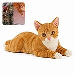 Two charming cats pose in a split-screen-style photo: a fluffy tabby wrestles a plush toy on a colorful quilt while an orange-and-white cat gazes at the camera like a tiny apartment landlord inspecting the premises.