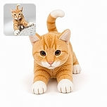 A serious orange-and-white cat stretches both front paws toward the camera like a tiny tiger auditioning for a dramatic action movie, while its curled tail and floral blanket add a cozy touch.