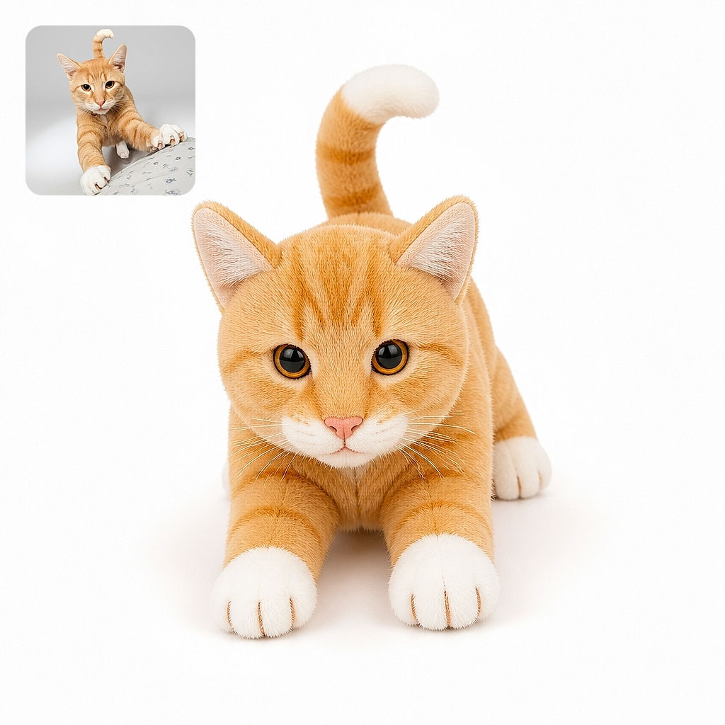 A serious orange-and-white cat stretches both front paws toward the camera like a tiny tiger auditioning for a dramatic action movie, while its curled tail and floral blanket add a cozy touch.