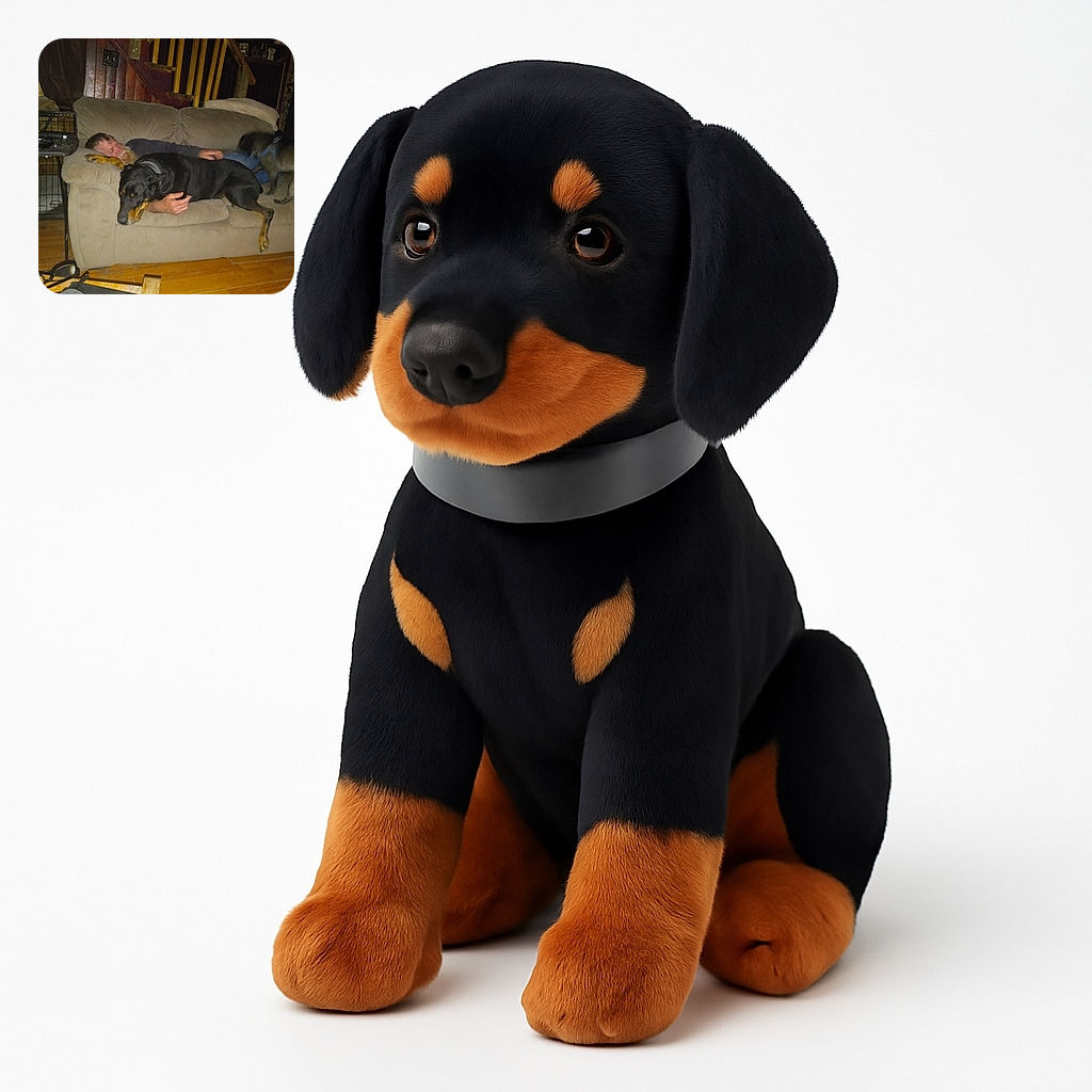 A cozy living room scene where a man naps on a beige couch with a large black and tan dog sprawled comfortably over him, while another smaller dog stands nearby. The warm wood-paneled background and soft lighting add a homey feel to this relaxed moment.