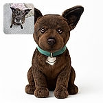 A close-up photo of a brindle dog with expressive eyes looking directly at the camera, sitting on a speckled floor with a soft pink blanket on a wooden pallet in the background.