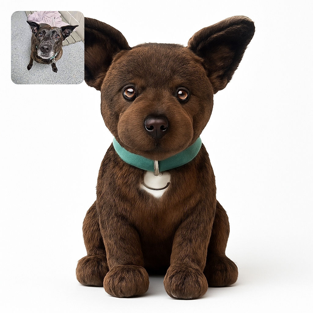 A close-up photo of a brindle dog with expressive eyes looking directly at the camera, sitting on a speckled floor with a soft pink blanket on a wooden pallet in the background.