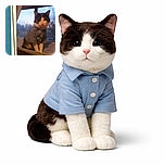A cat dressed in a tiny shirt sits on a cozy perch by the window, looking slightly serious as if ready for a day at the office, set against a soft evening sky visible outside.