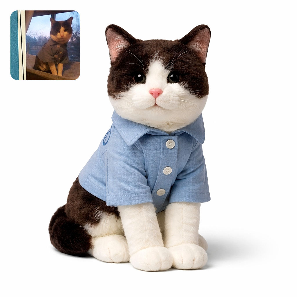 A cat dressed in a tiny shirt sits on a cozy perch by the window, looking slightly serious as if ready for a day at the office, set against a soft evening sky visible outside.
