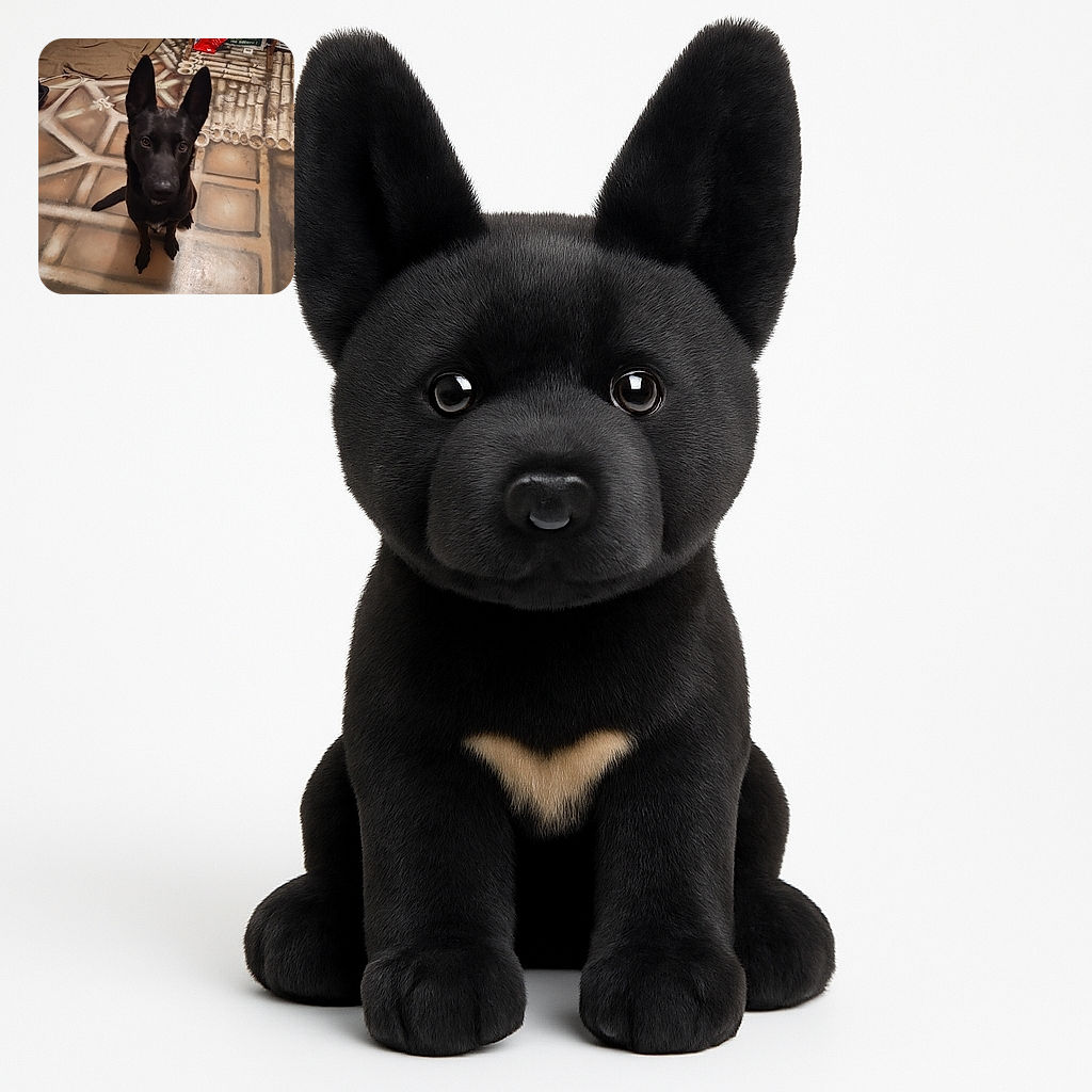 A curious black dog with large ears sits attentively on a uniquely patterned floor, looking up with bright eyes in a cozy indoor setting filled with various household items.