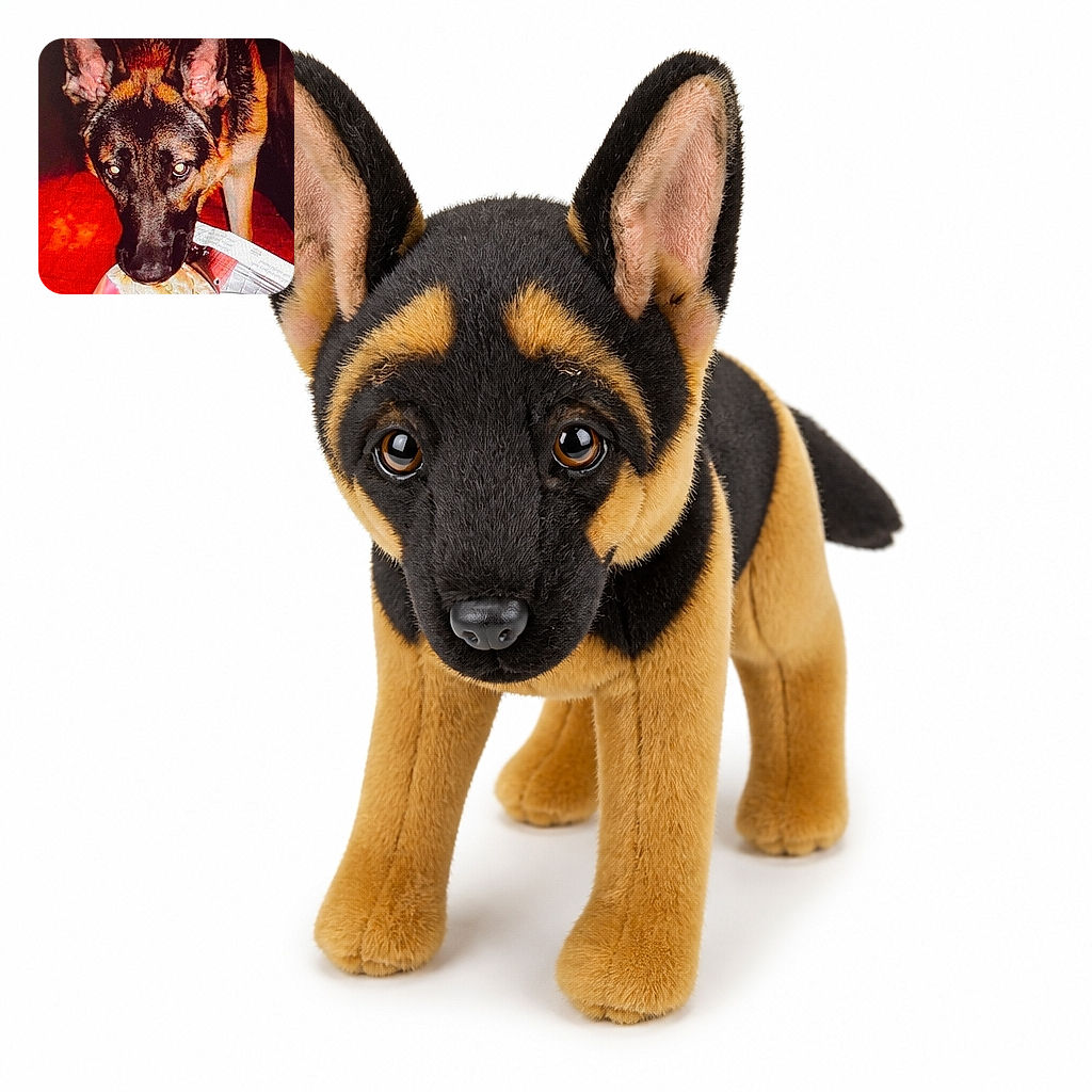 A wide-eyed dog leans dramatically over a plate of food like a furry food critic caught mid-heist, with its giant ears standing at attention and the red setting making the whole scene feel delightfully theatrical.