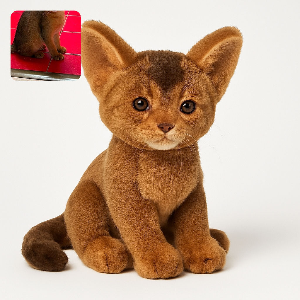 A curious kitten with big, expressive eyes sits attentively on bright red tiled floor, giving off an innocent yet inquisitive vibe as if plotting its next playful adventure.