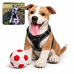 A happy dog lying on the grass with its tongue out, wearing a harness and proudly guarding a red and white soccer ball, with a sunny park and buildings in the background.