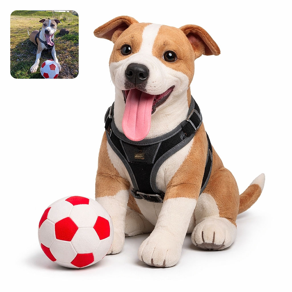 A happy dog lying on the grass with its tongue out, wearing a harness and proudly guarding a red and white soccer ball, with a sunny park and buildings in the background.