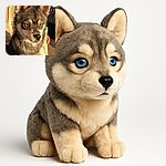 A striking close-up of a husky puppy with mesmerizing blue eyes catching the warm sunlight, sitting calmly on a cozy blanket in a home setting filled with soft shadows and inviting details.