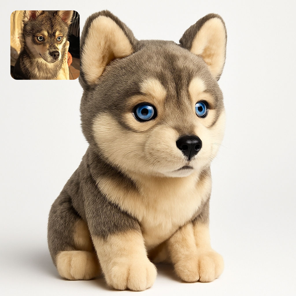 A striking close-up of a husky puppy with mesmerizing blue eyes catching the warm sunlight, sitting calmly on a cozy blanket in a home setting filled with soft shadows and inviting details.