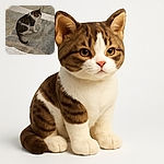A tabby and white cat sitting on a rustic stone floor, looking off to the side with a calm and contemplative expression, basking in soft natural light.