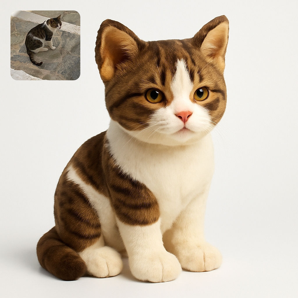 A tabby and white cat sitting on a rustic stone floor, looking off to the side with a calm and contemplative expression, basking in soft natural light.