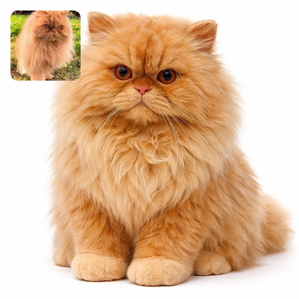 A royally grumpy, ultra-fluffy orange Persian cat stares like a tiny lion in a magnificent fur mane — gold eyes locked on the camera while tufts of whiskers fan out, all set against a soft backyard lawn.