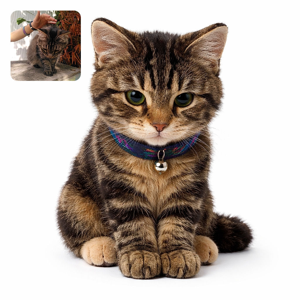 A fluffy tabby cat sits quietly on a weathered wooden surface, looking down with a calm, contemplative expression. A hand hovers gently above the cat's head, ready to give a loving pet. The background features a white textured wall and some dried orange foliage, adding a cozy outdoor vibe.