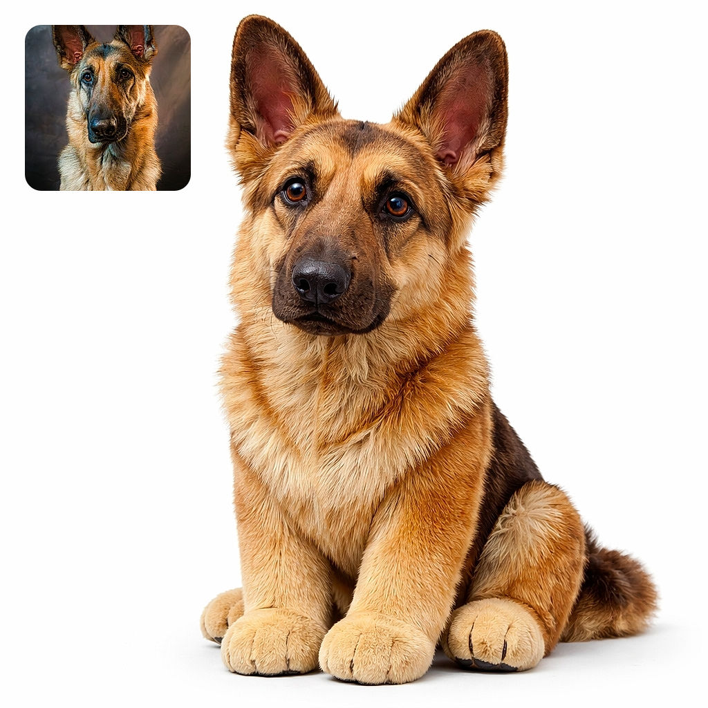 A regal German Shepherd stares into the camera like it's posing for a royal portrait — enormous perky ears on full display, soulful dark eyes, and a thick, luxurious coat against a soft studio backdrop. The lighting brings out warm browns and blacks in the fur, giving this good boy an almost painterly, dramatic look.
