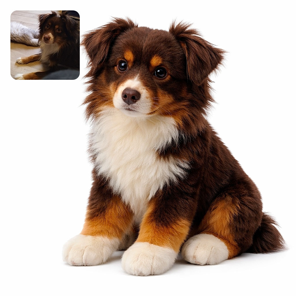 A fluffy, soulful-eyed dog lounges on a wooden floor like it pays rent—one paw politely outstretched, fur perfectly tousled, giving you that "did you bring snacks?" look.