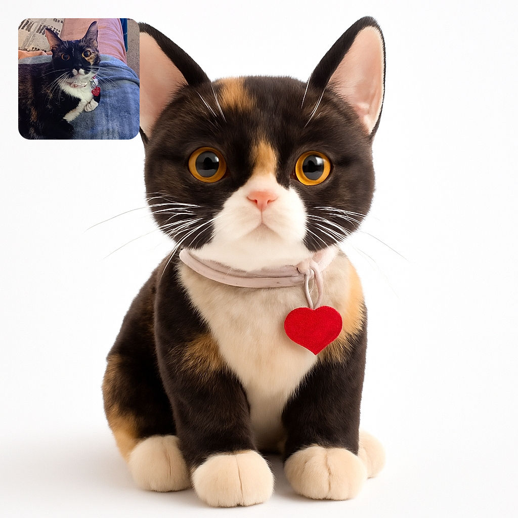 A curious tortoiseshell cat with wide eyes and a cute heart-shaped tag on its collar lounges on a cozy blanket setup, looking like it just heard the word 'treat'.