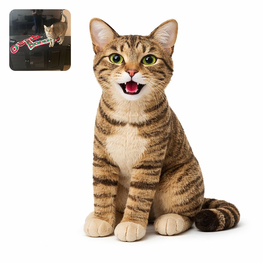 A tabby cat is standing on a black cabinet next to colorful red, green, and white crocheted Christmas stockings, looking directly at the camera with its mouth open as if meowing or mid-sentence. The background shows a reflection of a person taking the photo in a darkened room with furniture.