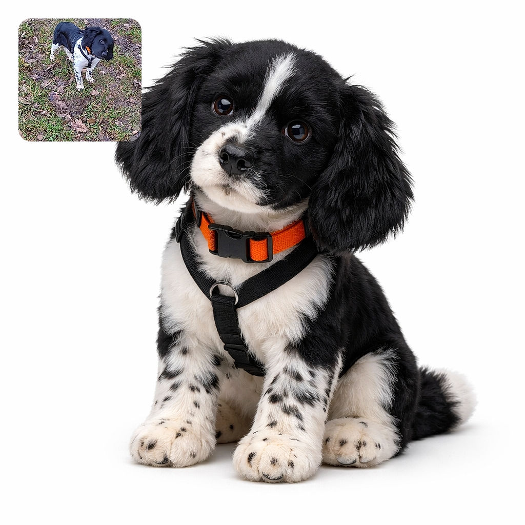 A curious black and white puppy with an orange collar stands on a patch of grass and fallen leaves, tilting its head inquisitively as if trying to understand the mysteries of the outdoors.