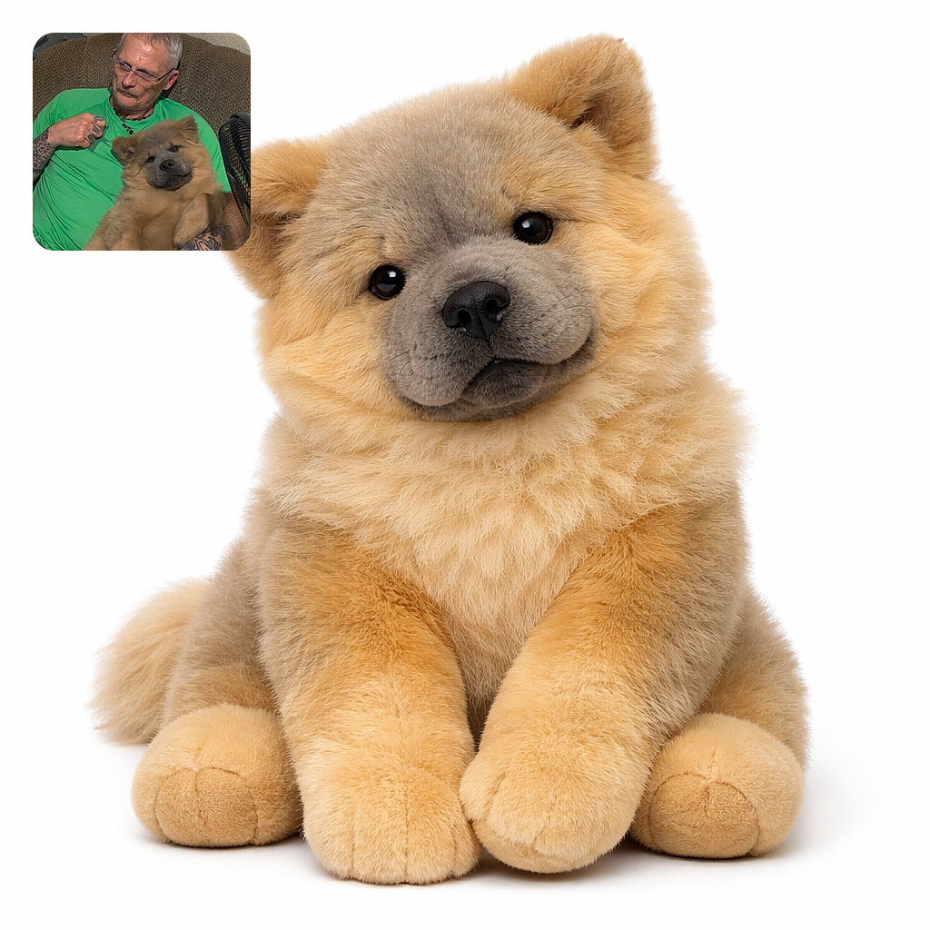 A tattooed man in a bright green shirt lounges comfortably on a textured couch, cradling a fluffy, content-looking Chow Chow puppy who seems to be posing like a furry superstar. The cozy indoor setting and relaxed expressions make it a heartwarming snapshot of companionship.
