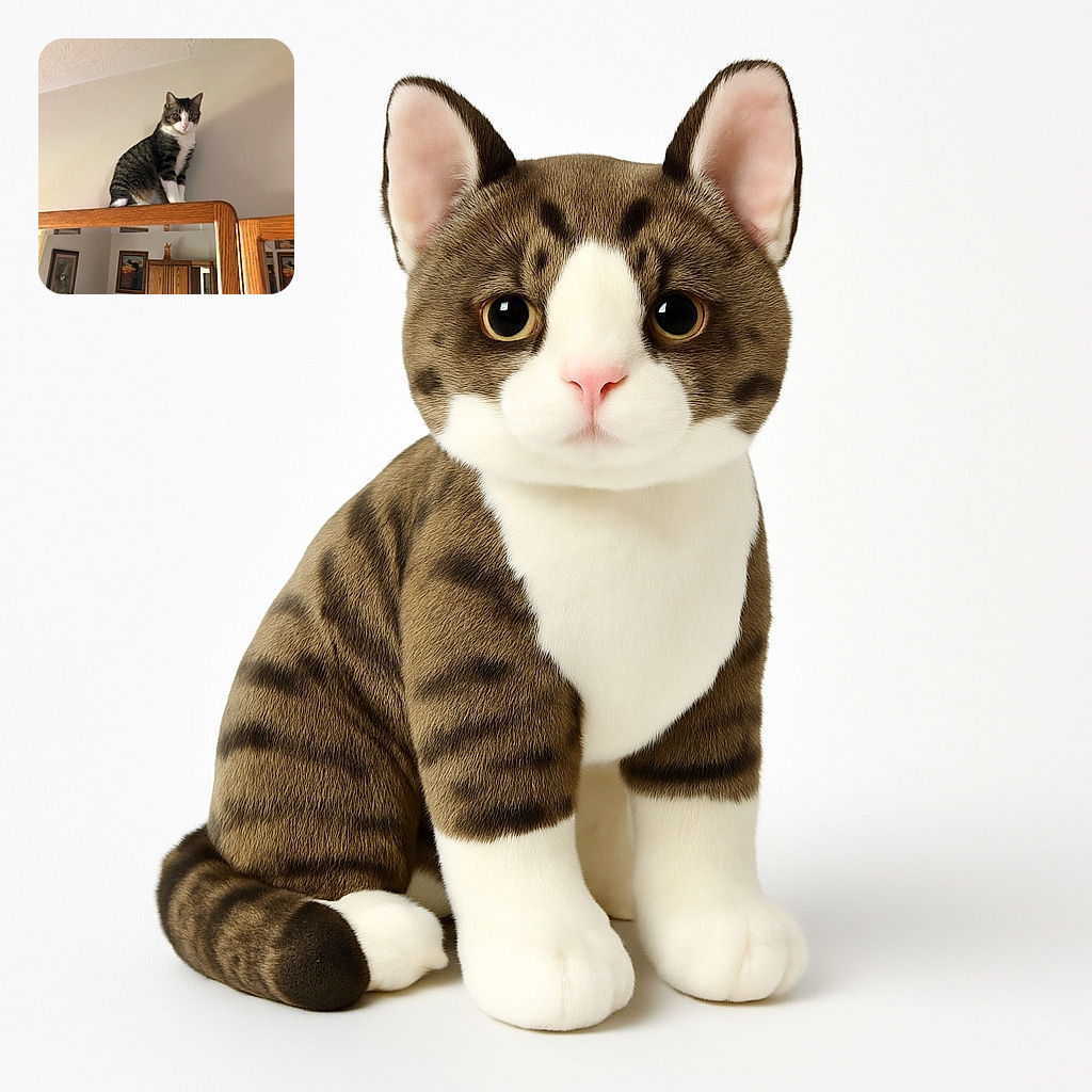 A curious tabby cat with white paws and chest is perched confidently on top of a wooden mirror frame, surveying its domain with a regal air. The background shows framed artwork and wooden furniture, adding a cozy home vibe.