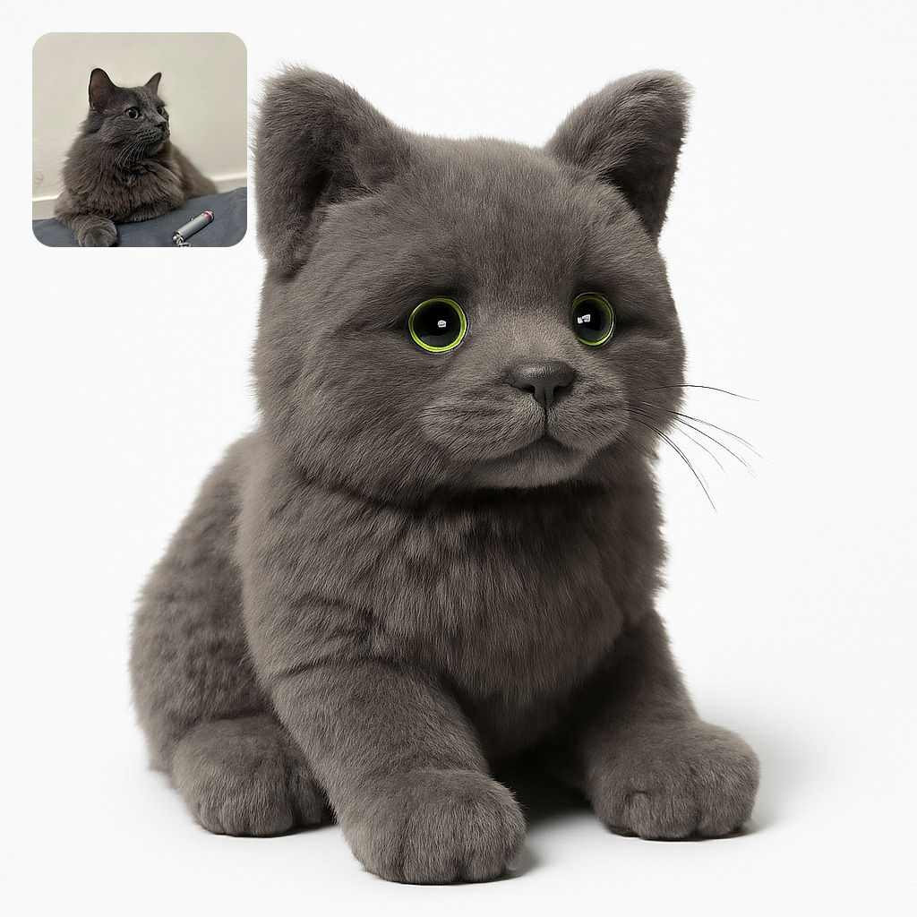 A majestic fluffy gray cat lounges regally on a dark surface, gazing intently to the side with bright green eyes, while a small metallic keychain lies nearby, adding a curious touch to this serene indoor portrait.