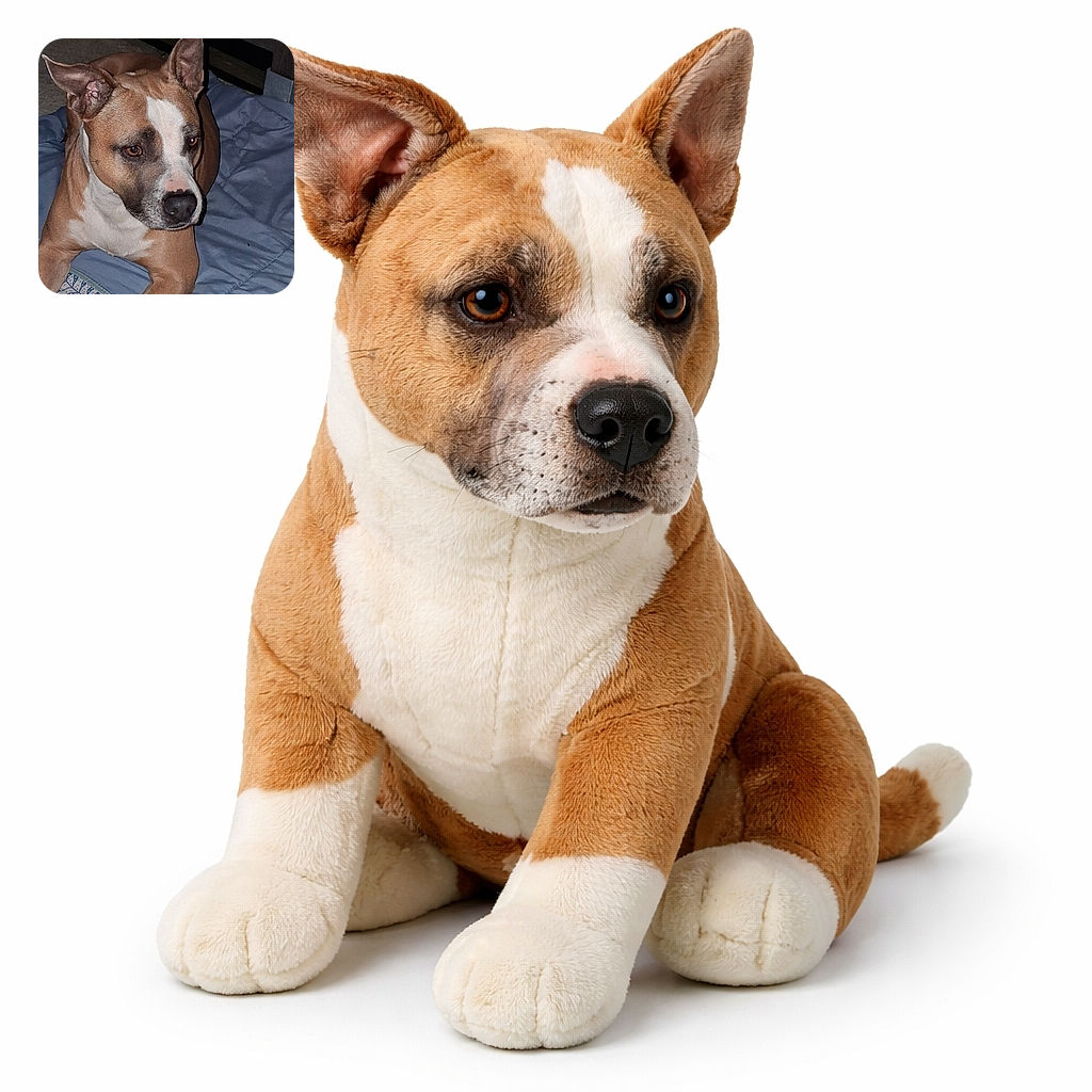 A close-up photo of a brown and white dog with alert ears lying on a blue blanket. The dog looks calm and thoughtful, with a textured background that adds a cozy indoor vibe.