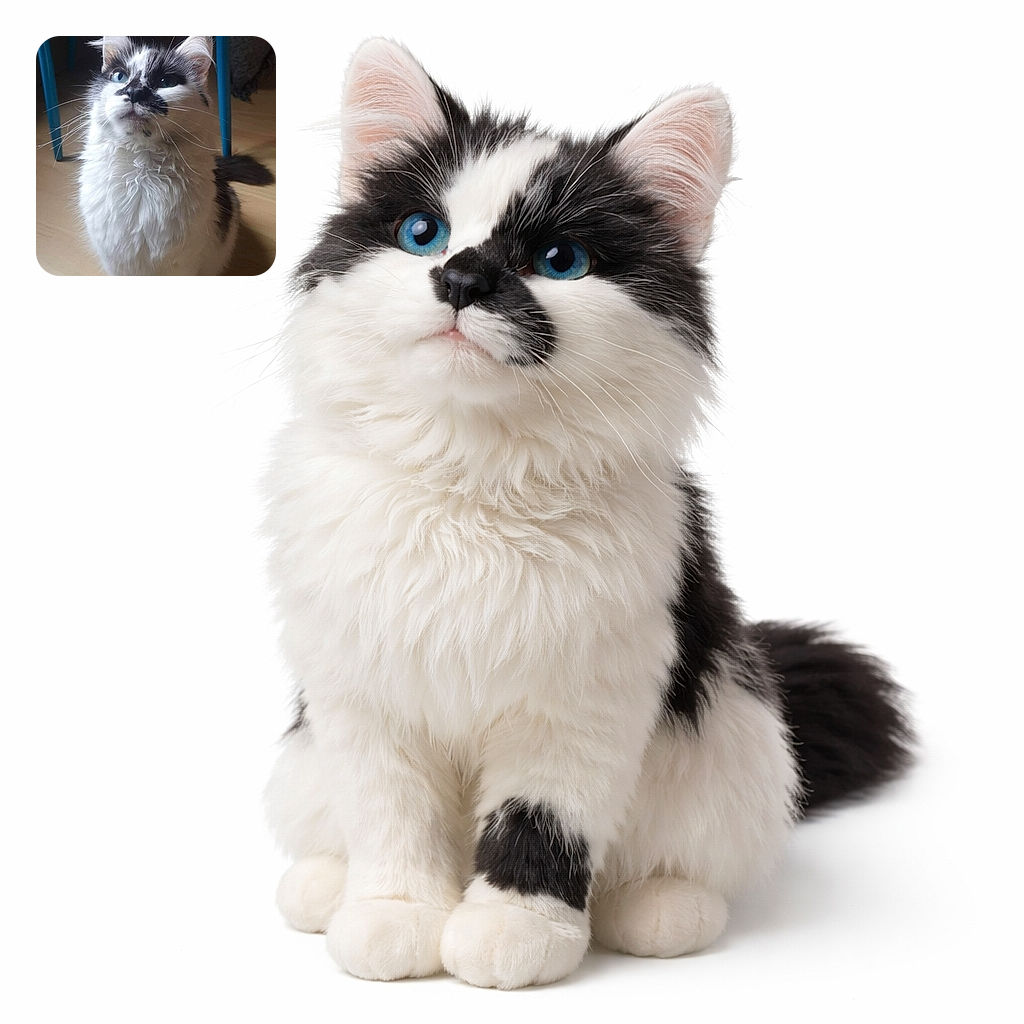 A fluffy tuxedo-faced cat sits like a tiny aristocrat, staring up with mesmerizing blue eyes and an expression that says, 'Where is my treat, peasant?' A bright blue chair leg frames the scene and a bold white caption sits across the top like the cat's personal thought bubble.